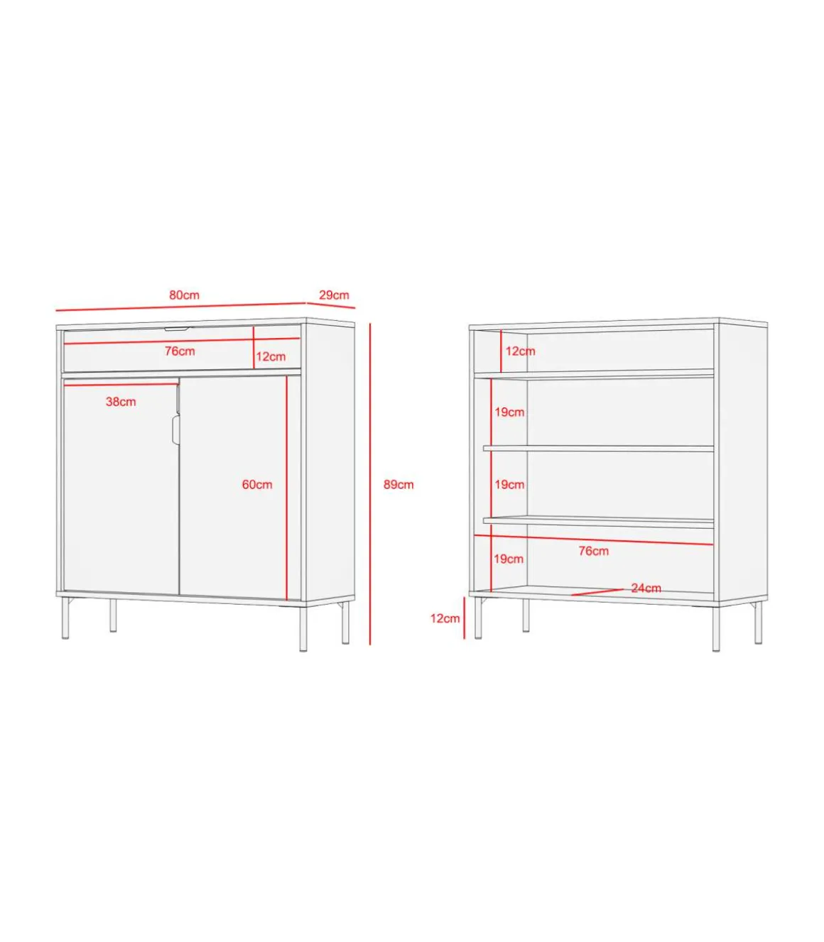 Mueble auxiliar/zapatero Md-507, 2 puertas 1 cajón en roble claro/blanco, 89cm(alto) 80cm(ancho) 29cm(prof.)
