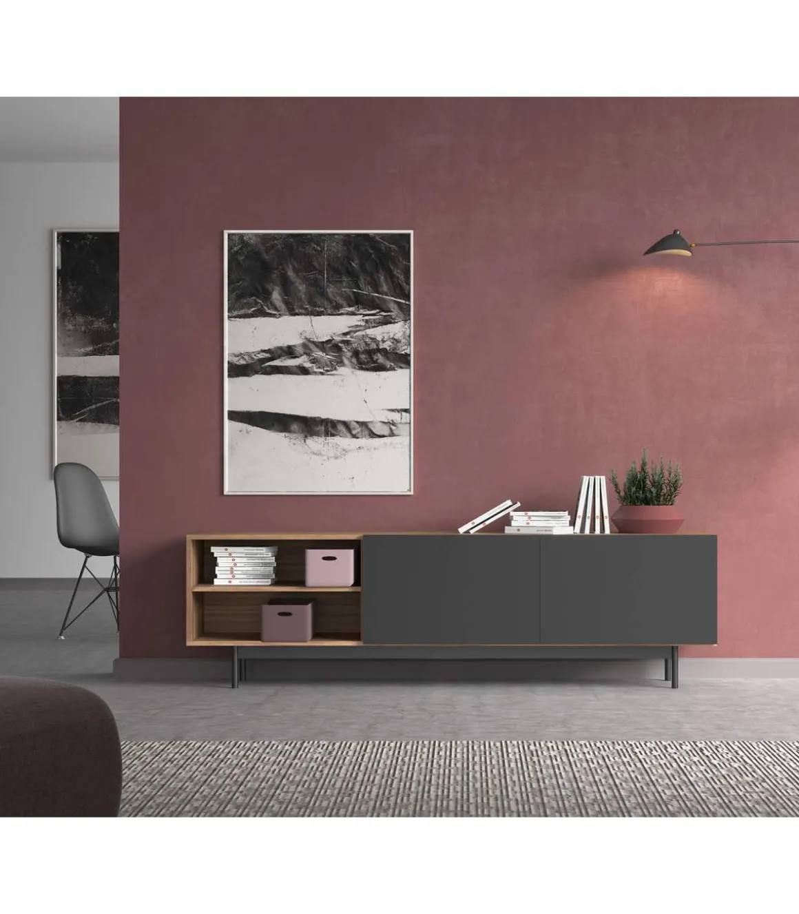 Mueble bajo televisión Md-608-1 en color nogal/grafito, 52cm(alto) 180cm(ancho) 43cm(largo)