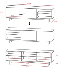 Mueble bajo televisión Md-608-1 en color roble/blanco, 52cm(alto) 180cm(ancho) 43cm(largo)