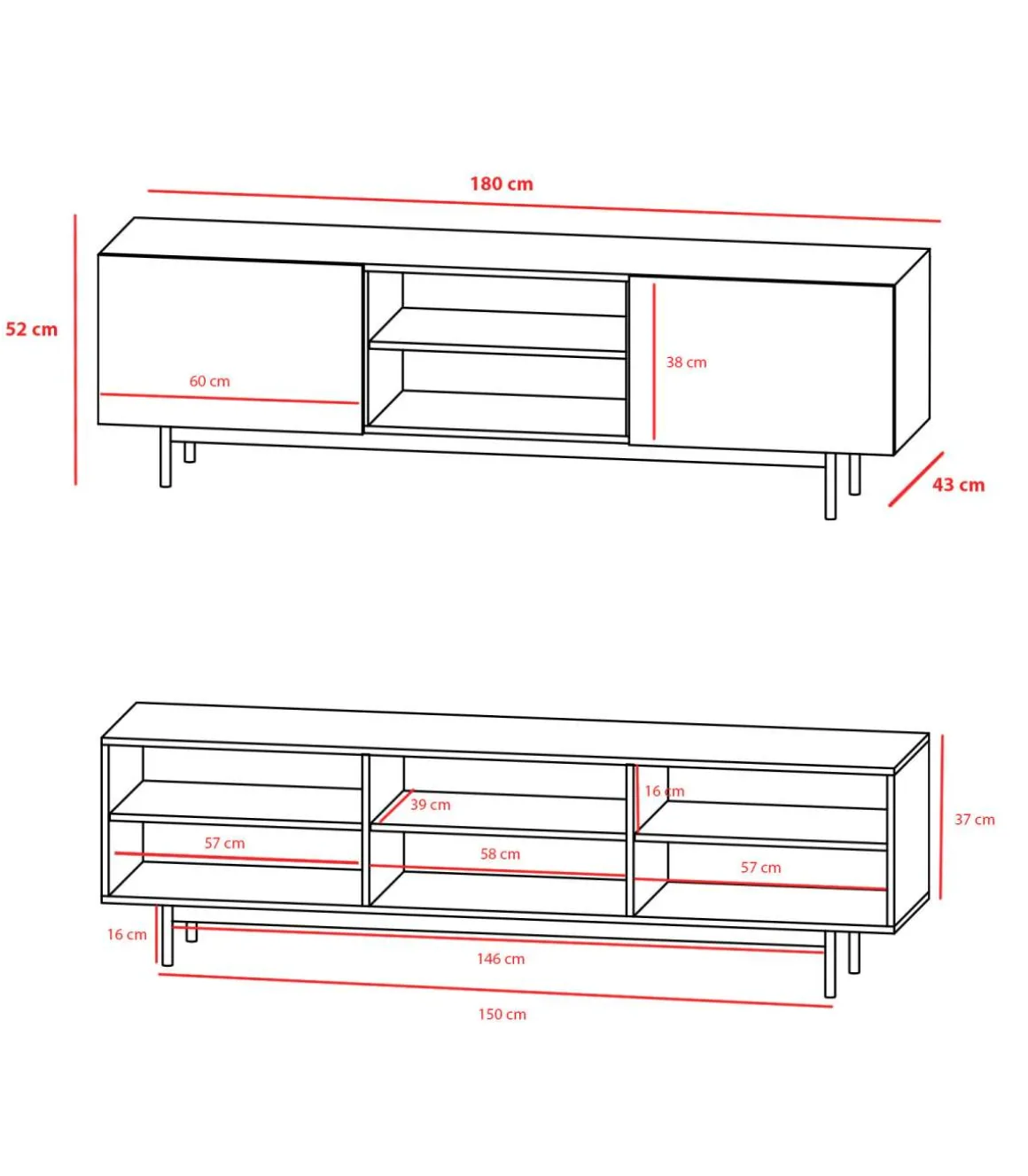 Mueble bajo televisión Md-608-2 en color roble, 52cm(alto) 180cm(ancho) 43cm(largo)
