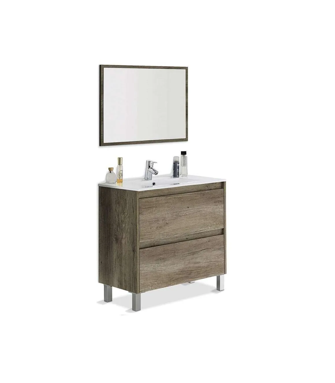 Mueble baño Loa 2 cajones espejo y lavabo cerámico en acabado color nordik 80 cm(alto)80 cm(ancho)45 cm(largo)
