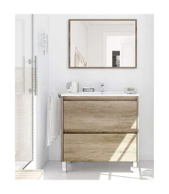 Mueble baño Loa 2 cajones espejo y lavabo cerámico en acabado color nordik 80 cm(alto)80 cm(ancho)45 cm(largo)