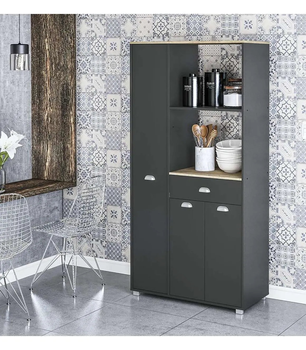 Mueble Buffet alto 3 puertas y 1 cajón acabado gris grafito, 180cm (alto) x90cm (ancho) x 40cm (fondo).