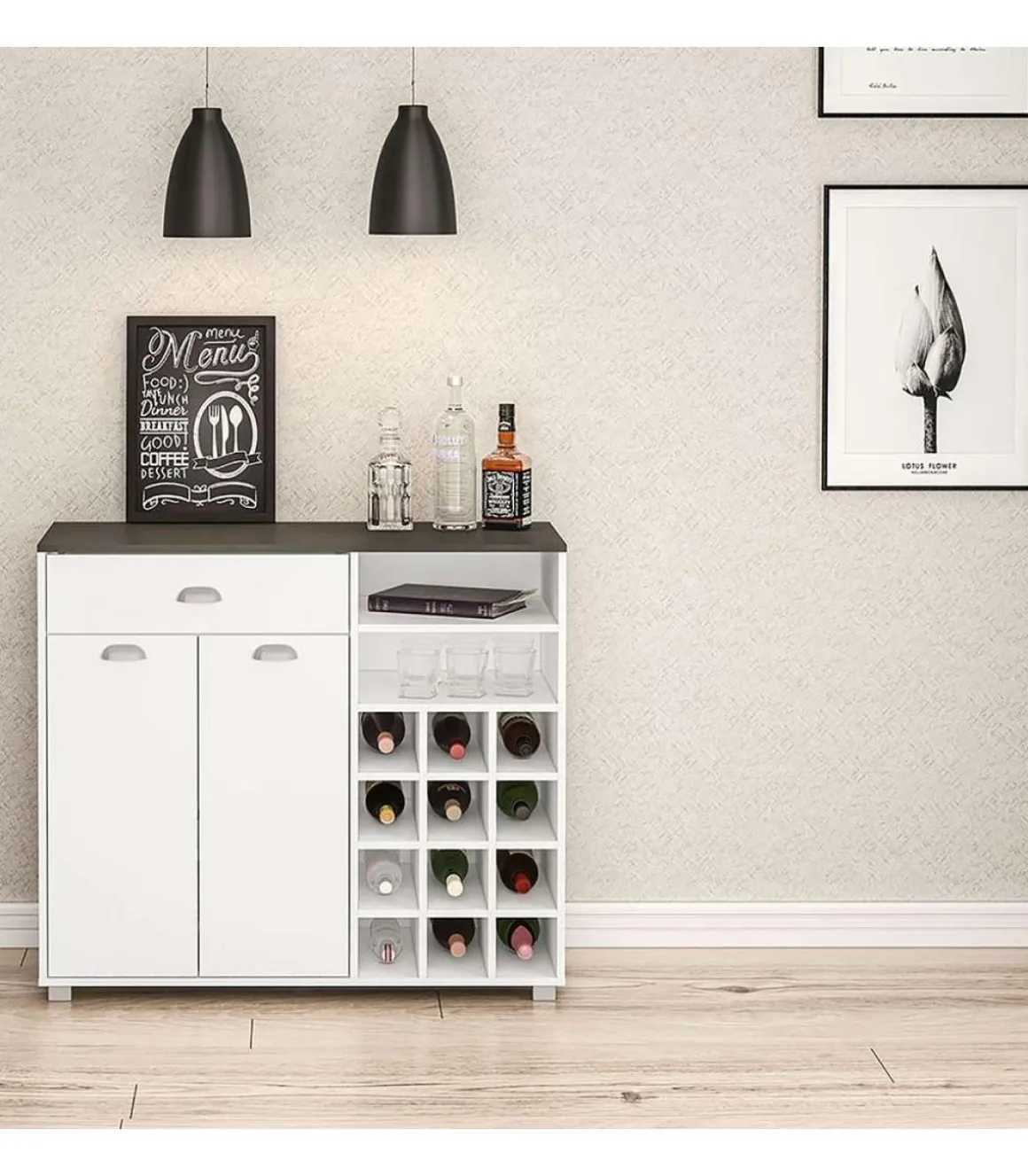 Mueble Buffet bajo 2 puertas 1 cajón y botellero acabado blanco, 90cm(alto) x 103cm(ancho) x 40cm(fondo).