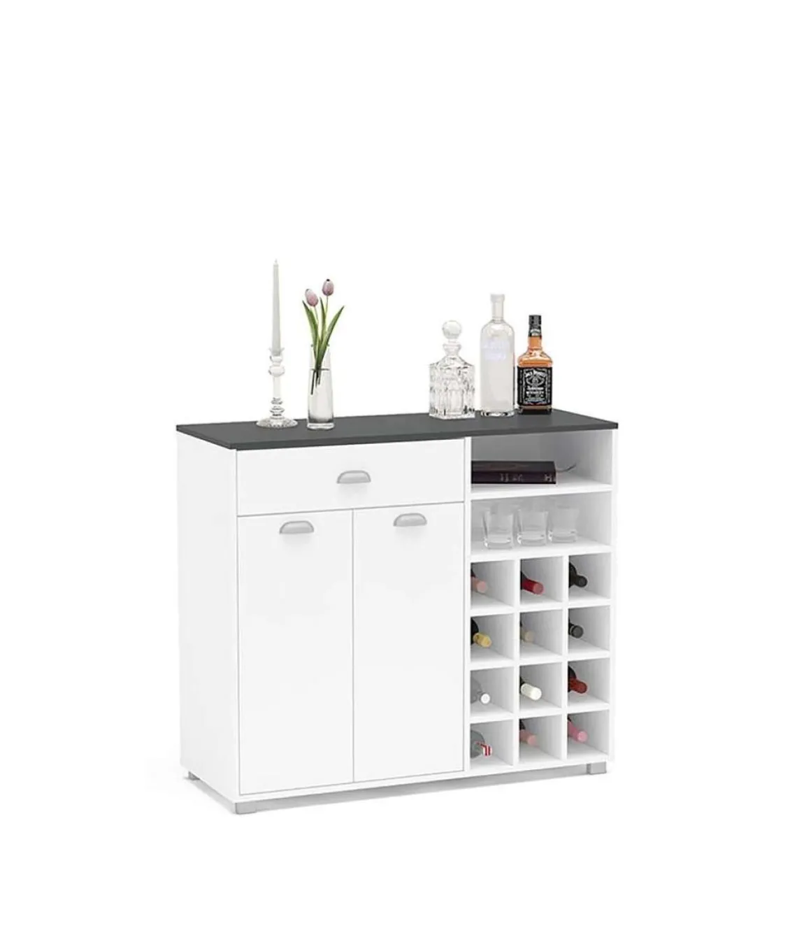 Mueble Buffet bajo 2 puertas 1 cajón y botellero acabado blanco, 90cm(alto) x 103cm(ancho) x 40cm(fondo).