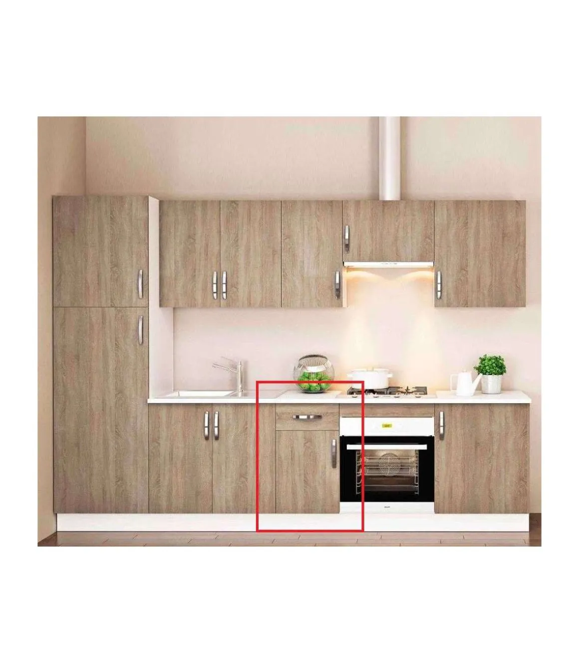 Mueble cocina bajo con 1 cajón y 1 puerta en roble cortez. 83 cm(alto)40 cm(ancho)58 cm(largo)