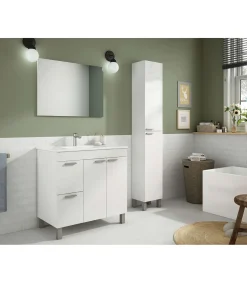 Mueble con lavabo cerámico y espejo Marta en acabado blanco. 80 cm(alto)80 cm(ancho)45 cm(largo)