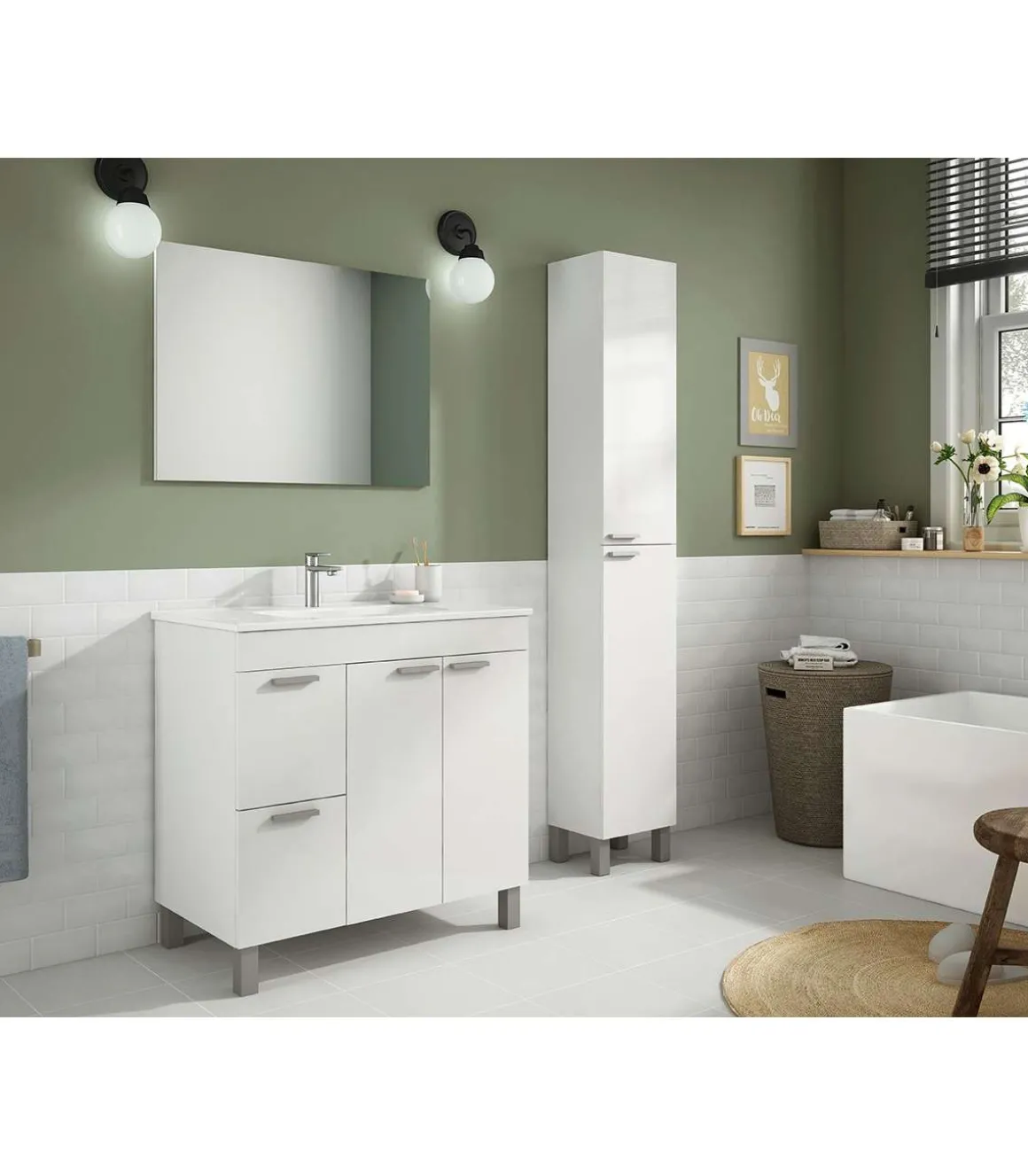 Mueble con lavabo cerámico y espejo Marta en acabado blanco. 80 cm(alto)80 cm(ancho)45 cm(largo)