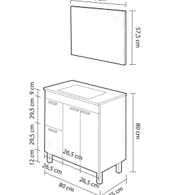 Mueble con lavabo cerámico y espejo Marta en acabado blanco. 80 cm(alto)80 cm(ancho)45 cm(largo)