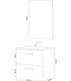 Mueble con lavabo cerámico y espejo Toby, acabado roble 57cm(alto) 60cm(ancho) 45cm(largo)