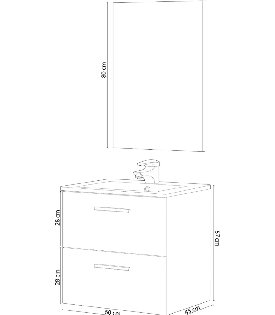 Mueble con lavabo cerámico y espejo Toby, acabado roble 57cm(alto) 60cm(ancho) 45cm(largo)