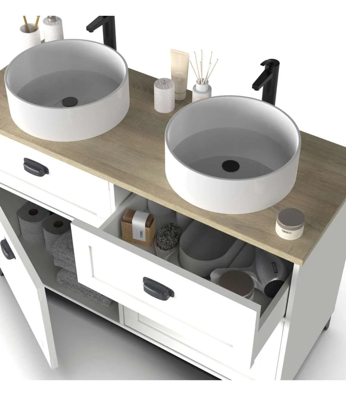 Mueble de baño con 2 lavabos cerámico Toscana en acabado color blanco, 92cm(alto) 120cm(ancho) 47cm(largo)