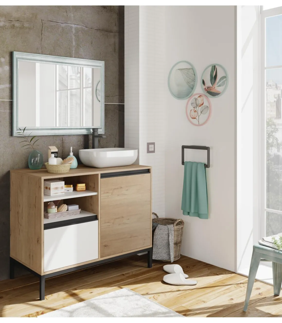 Mueble de baño Támesis con lavabo cerámico acabado roble 100cm (Ancho) X 95cm (Alto) X 51cm (Fondo)