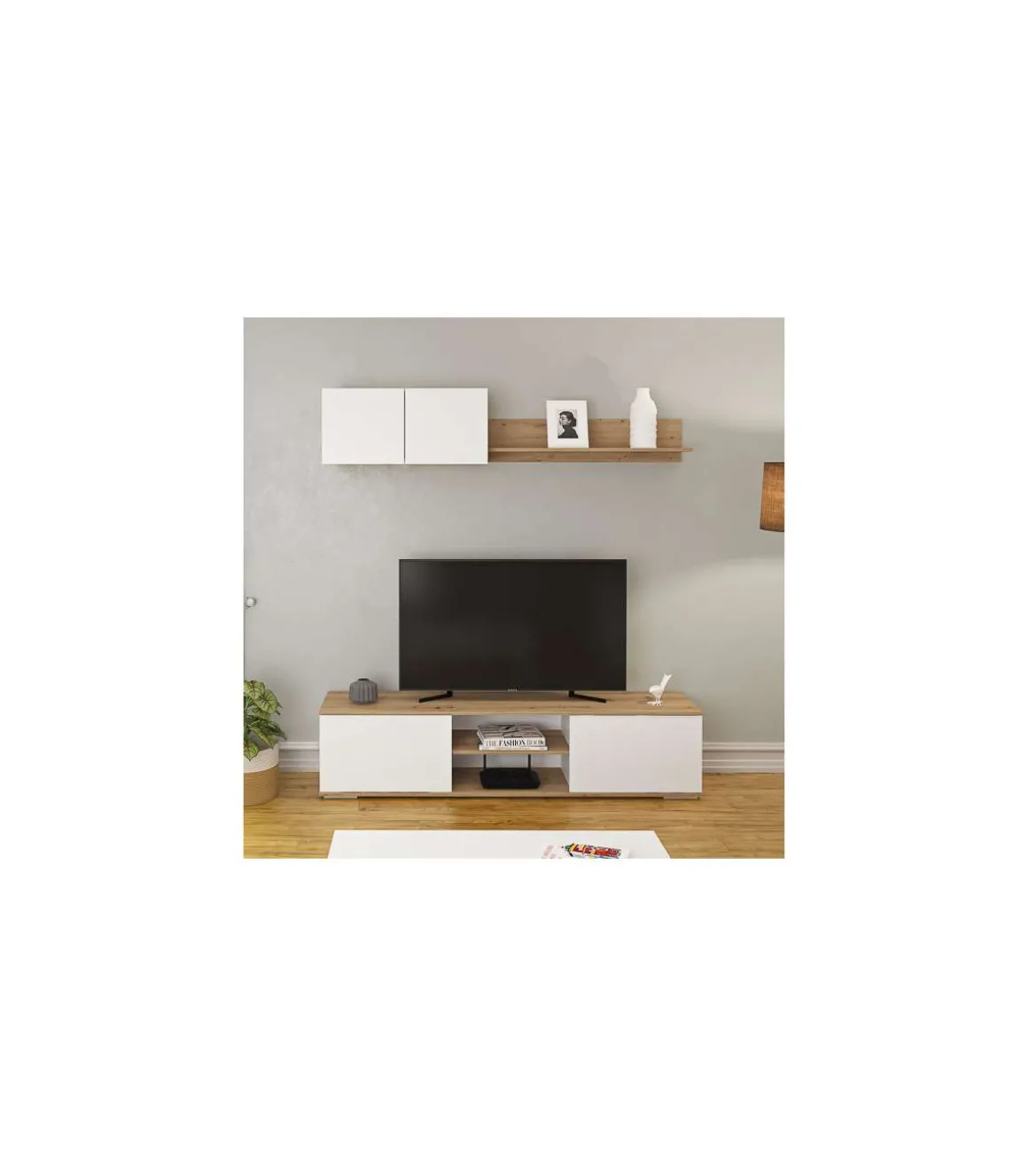 Mueble de salón acabado en roble albar/ blanco soft, 200cm(alto) 180cm(ancho) 40cm(largo)