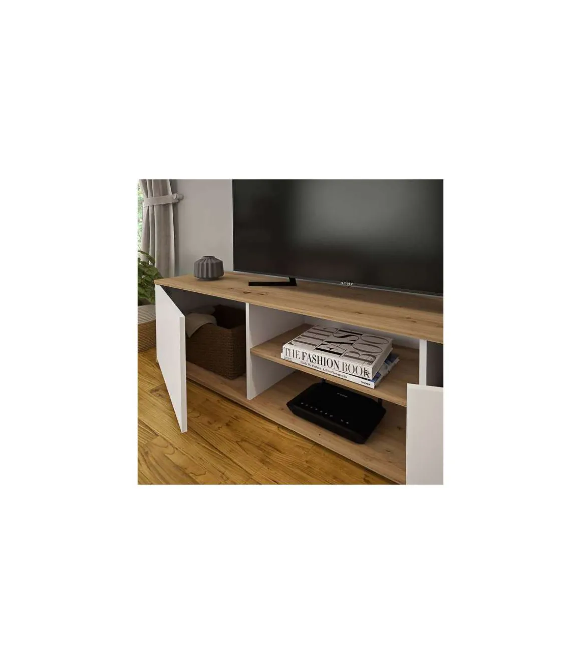 Mueble de salón acabado en roble albar/ blanco soft, 200cm(alto) 180cm(ancho) 40cm(largo)