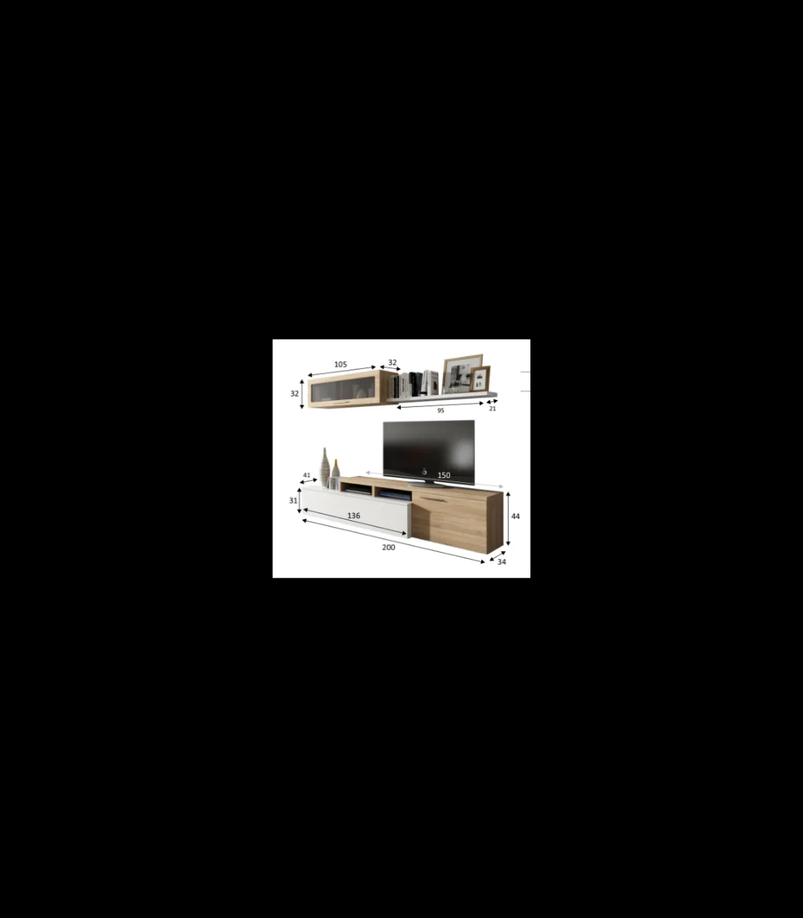 Mueble de salón Nex en roble canadian/ blanco brillo, 200cm(alto) 200cm(ancho) 34cm(largo)