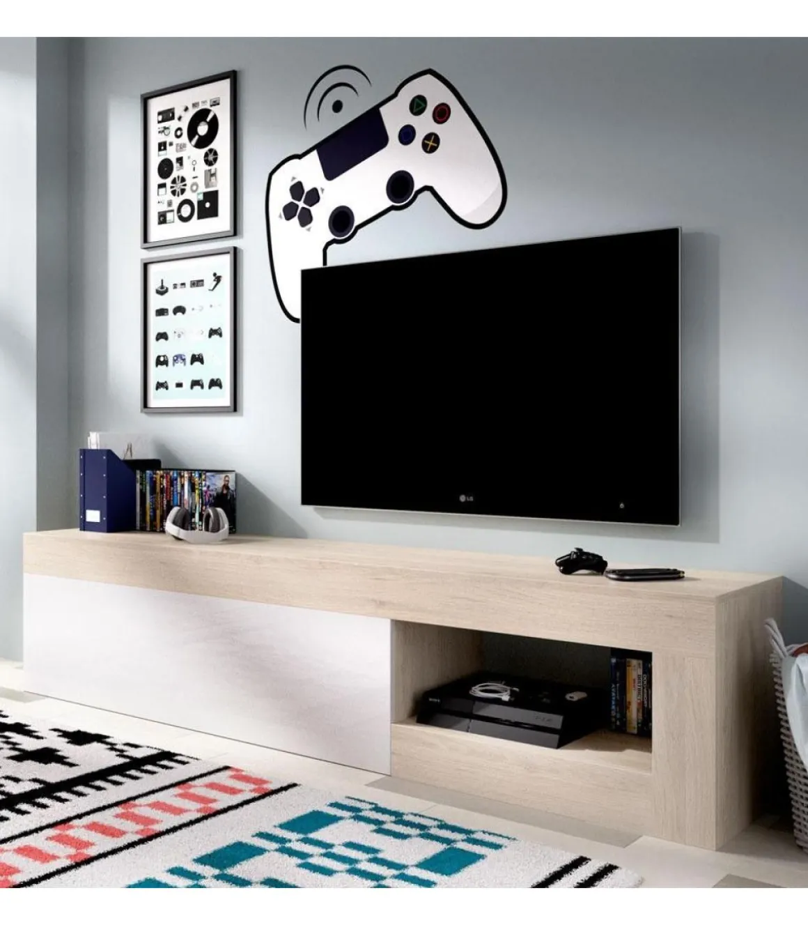 Mueble de televisión Arjona en acabado natural/blanco brillo 48 cm(alto)204 cm(ancho)42 cm(fondo)