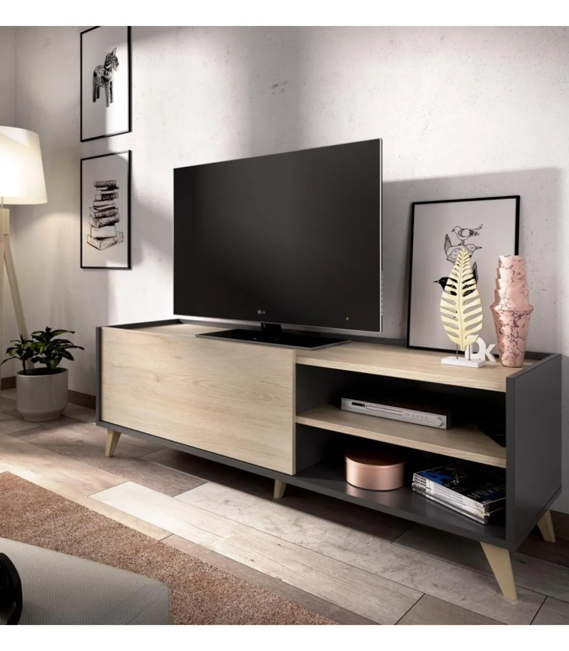 Mueble de televisión Cazalilla en grafito/natural 47 cm(alto)155 cm(ancho)43 cm(fondo)