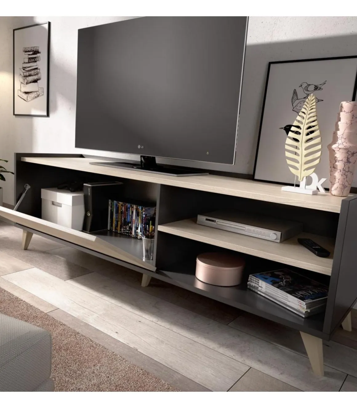 Mueble de televisión Cazalilla en grafito/natural 47 cm(alto)155 cm(ancho)43 cm(fondo)