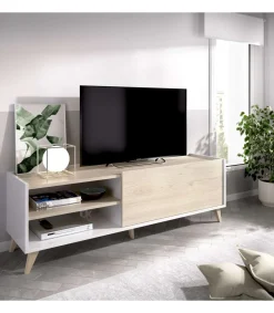 Mueble de televisión Dina en Blanco-Natural, 47cm(alto) 155cm(ancho) 43cm(largo)