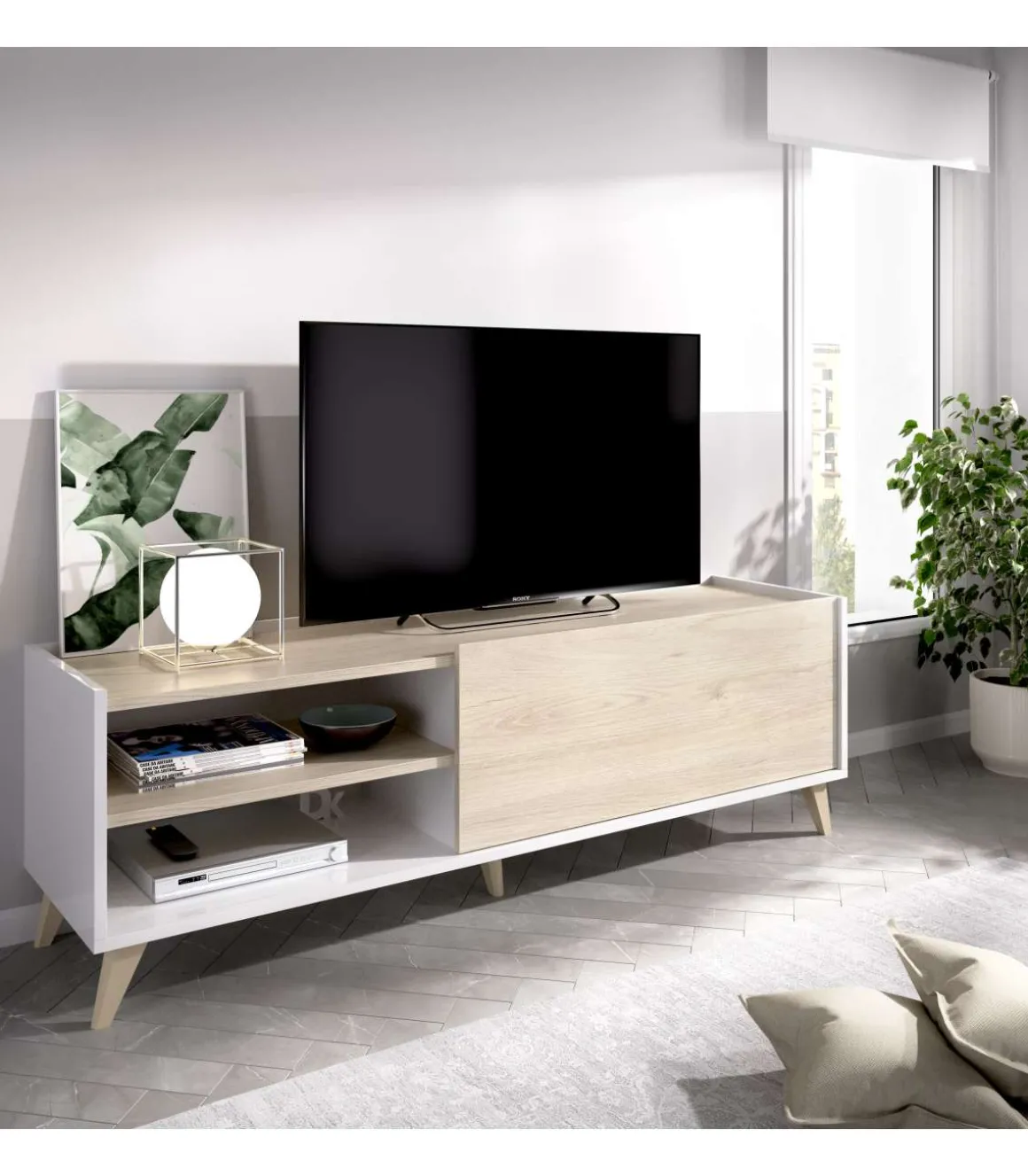 Mueble de televisión Dina en Blanco-Natural, 47cm(alto) 155cm(ancho) 43cm(largo)