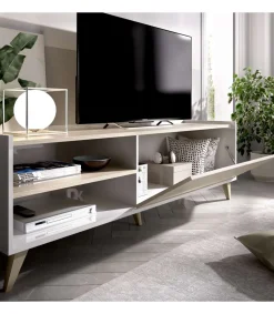 Mueble de televisión Dina en Blanco-Natural, 47cm(alto) 155cm(ancho) 43cm(largo)