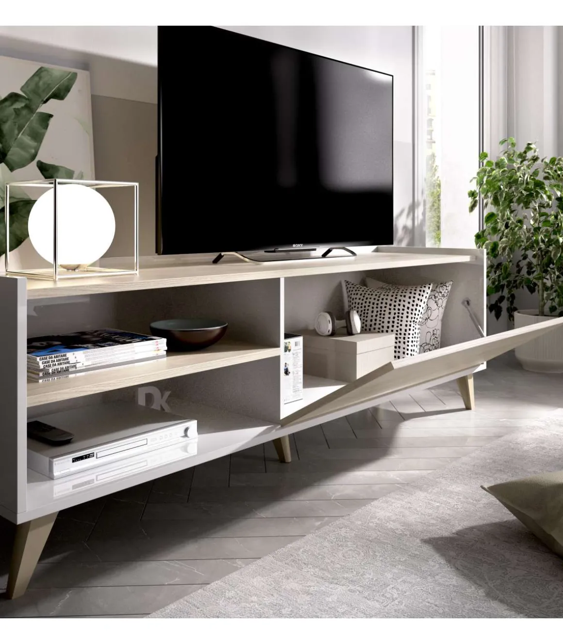 Mueble de televisión Dina en Blanco-Natural, 47cm(alto) 155cm(ancho) 43cm(largo)