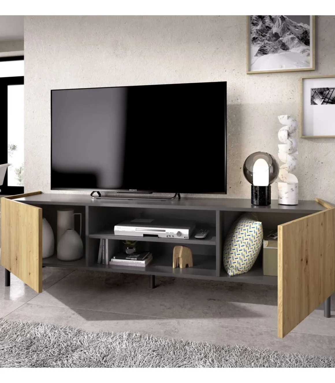 Mueble de televisión Dunai en Nordic Grafito 45,2 cm(alto)161cm(ancho)35 cm(largo)