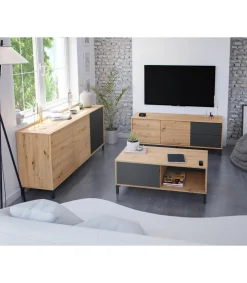 Mueble de TV Nabur dos Puertas y dos cajones Acabado en roble y gris antracita 130 cm (Ancho) x 47 cm (Alto) x 41 cm (Fondo)