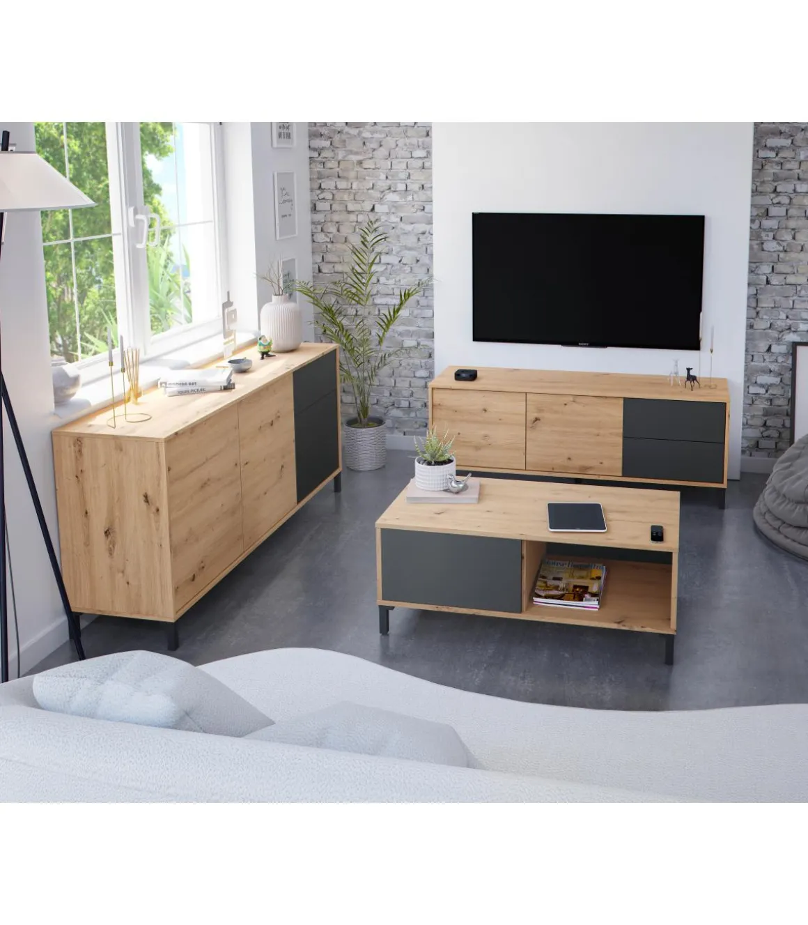 Mueble de TV Nabur dos Puertas y dos cajones Acabado en roble y gris antracita 130 cm (Ancho) x 47 cm (Alto) x 41 cm (Fondo)