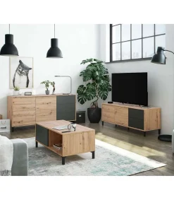 Mueble de TV Nabur dos Puertas y dos cajones Acabado en roble y gris antracita 130 cm (Ancho) x 47 cm (Alto) x 41 cm (Fondo)