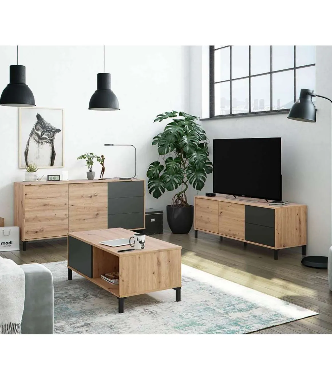 Mueble de TV Nabur dos Puertas y dos cajones Acabado en roble y gris antracita 130 cm (Ancho) x 47 cm (Alto) x 41 cm (Fondo)
