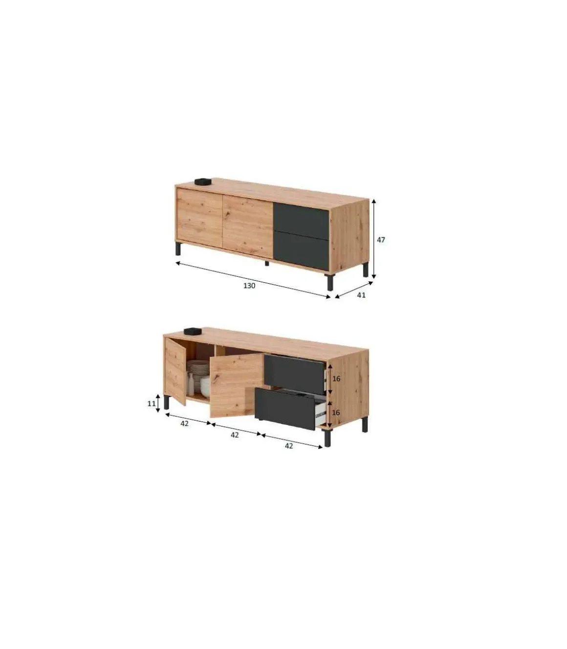 Mueble de TV Nabur dos Puertas y dos cajones Acabado en roble y gris antracita 130 cm (Ancho) x 47 cm (Alto) x 41 cm (Fondo)