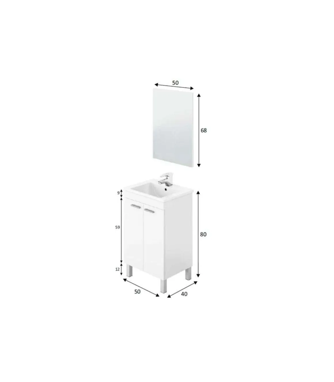 Mueble lavabo cerámico y espejo Konce en acabado blanco 80 cm(alto)50 cm(ancho)40 cm(largo)