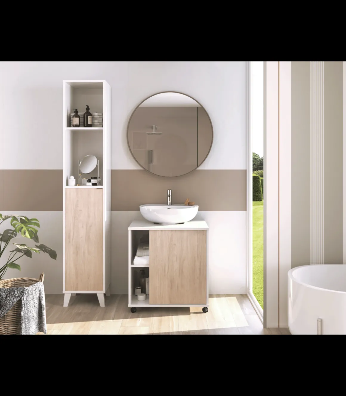 Mueble para tapar pie de lavabo Sintra acabado roble aurora, 64cm (alto) x 59cm (ancho) x 45cm (fondo).