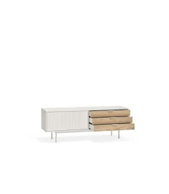 Mueble para televisión modelo Sierra 1 puerta 3 cajones acabado blanco/roble, 140cm(ancho) 52cm(alto) 40cm (largo)