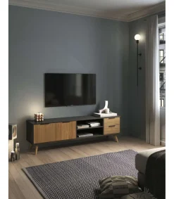 Mueble para televisión modelo Julen 2 puertas 2 cajones acabado natural/bocamina, 180cm(ancho) 53cm(alto) 40cm (fondo)