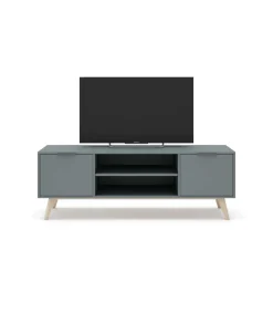 Mueble para televisión Nicolás 2 puertas 2 huecos acabado verde kaki/cera blanca, 53cm(alto) 140cm(ancho) 40cm(fondo)..