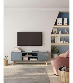 Mueble para televisión Nicolás 2 puertas 2 huecos acabado verde kaki/cera blanca, 53cm(alto) 140cm(ancho) 40cm(fondo)..
