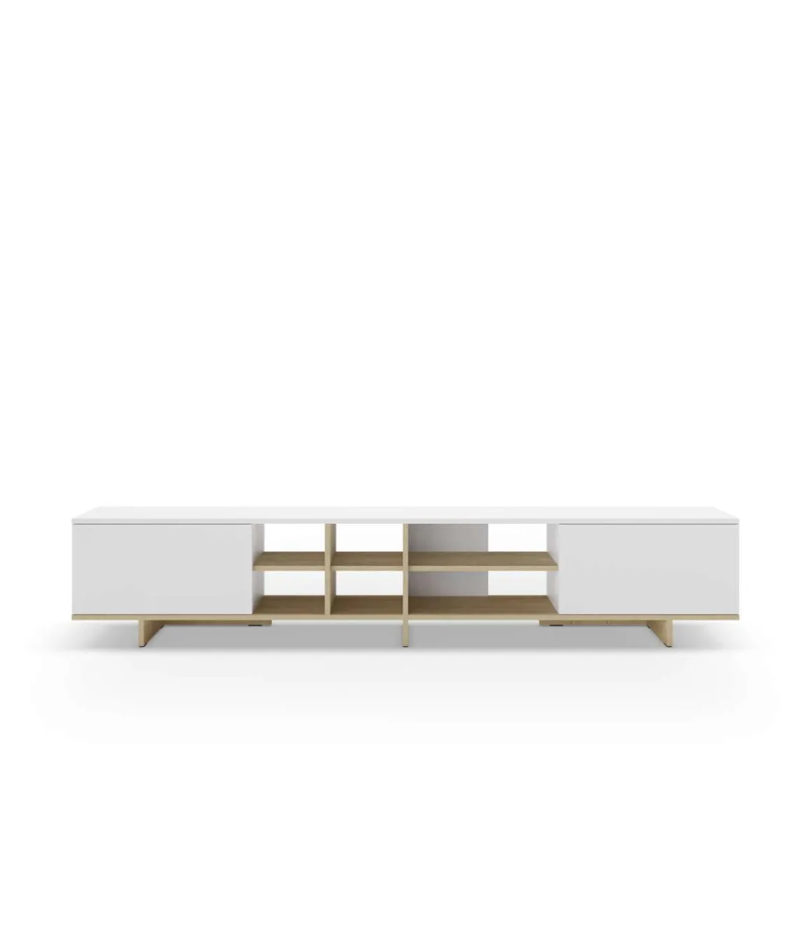 Mueble para televisión 2 puertas y 6 huecos Celia acabado blanco/roble, 44cm(alto) 230cm(ancho) 35.6cm(largo).
