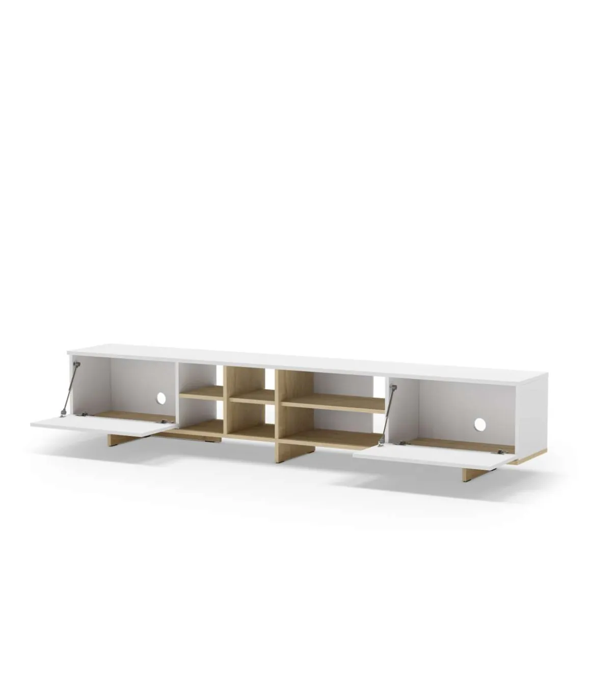 Mueble para televisión 2 puertas y 6 huecos Celia acabado blanco/roble, 44cm(alto) 230cm(ancho) 35.6cm(largo).