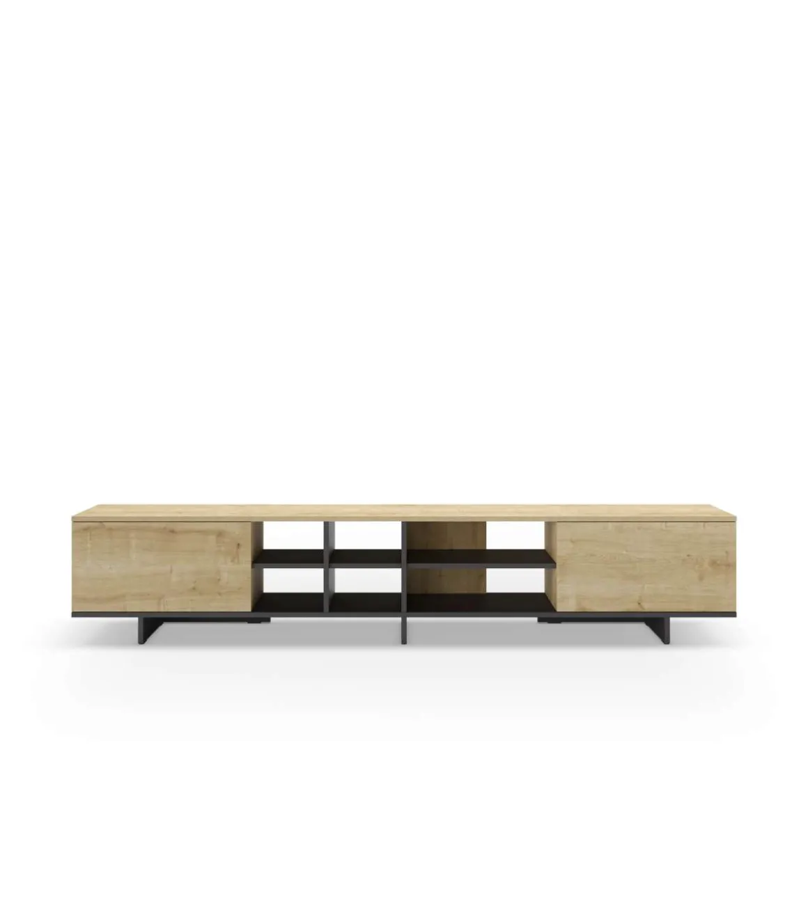 Mueble para televisión 2 puertas y 6 huecos Celia acabado roble/negro, 44cm(alto) 230cm(ancho) 35.6cm(largo).