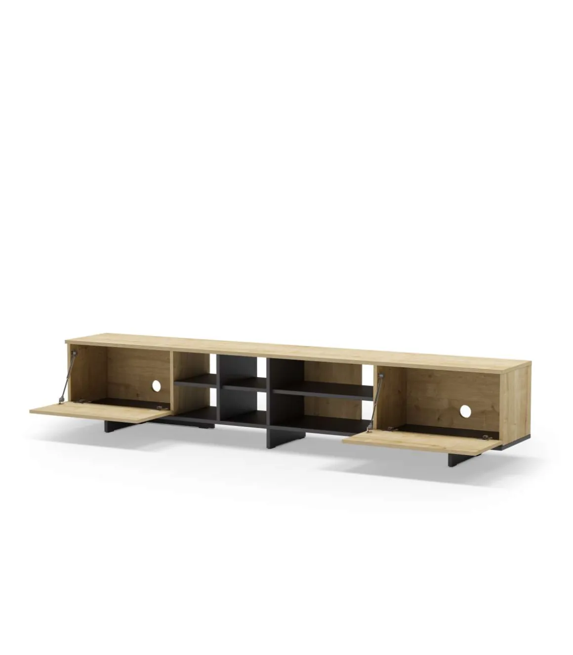 Mueble para televisión 2 puertas y 6 huecos Celia acabado roble/negro, 44cm(alto) 230cm(ancho) 35.6cm(largo).