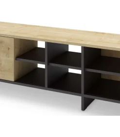 Mueble para televisión 2 puertas y 6 huecos Celia acabado roble/negro, 44cm(alto) 230cm(ancho) 35.6cm(largo).