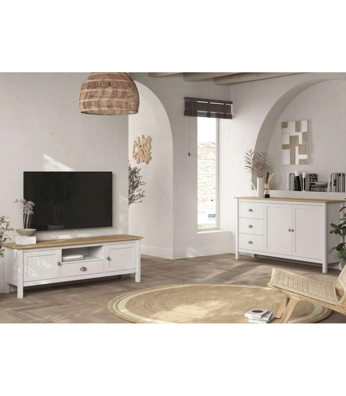 Mueble para televisión 2 puertas 1 cajón Miguel acabado blanco/roble, 53cm(alto) 158cm(ancho) 40cm(largo)