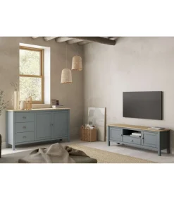 Mueble para televisión 2 puertas 1 cajón Miguel acabado verde kaki/roble, 53cm(alto) 158cm(ancho) 40cm(largo)