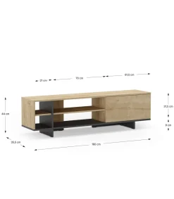 Mueble para televisión 1 puerta y 4 huecos Celia acabado roble/negro, 44cm(alto) 160cm(ancho) 35.6cm(largo).