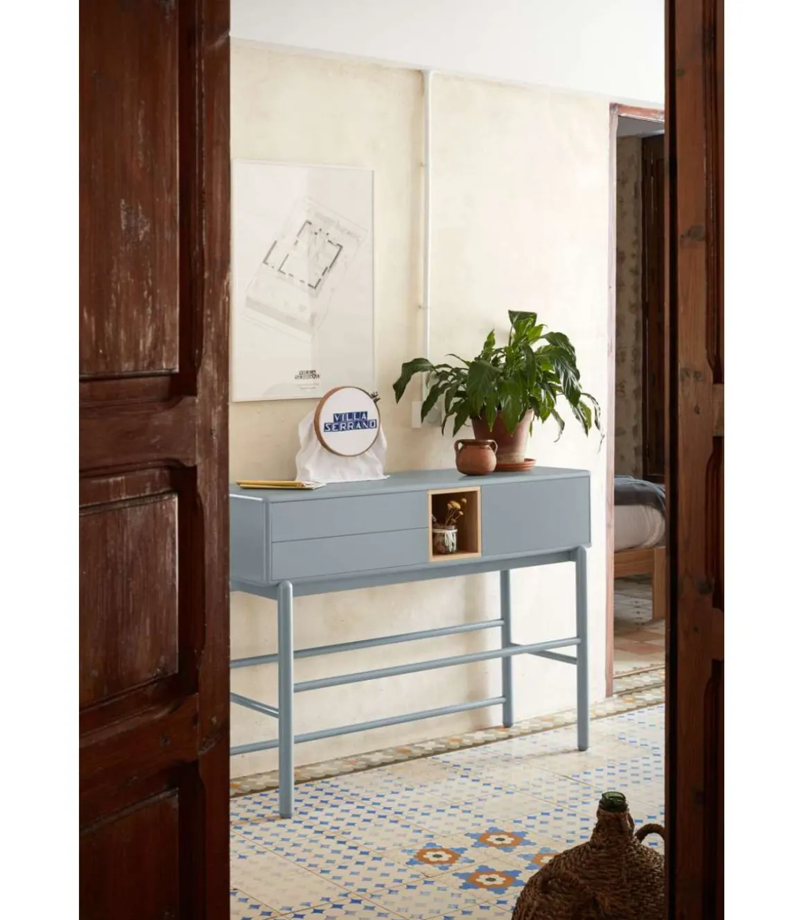 Mueble recibidor modelo Corvo 1 puerta 2 cajones acabado gris pela, 35cm(ancho) 90cm(alto) 120cm (largo)