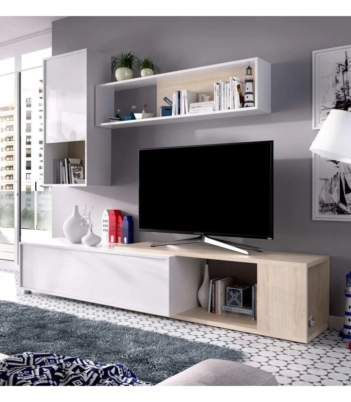 Mueble salón Escañuela flexible en blanco brillo/natural