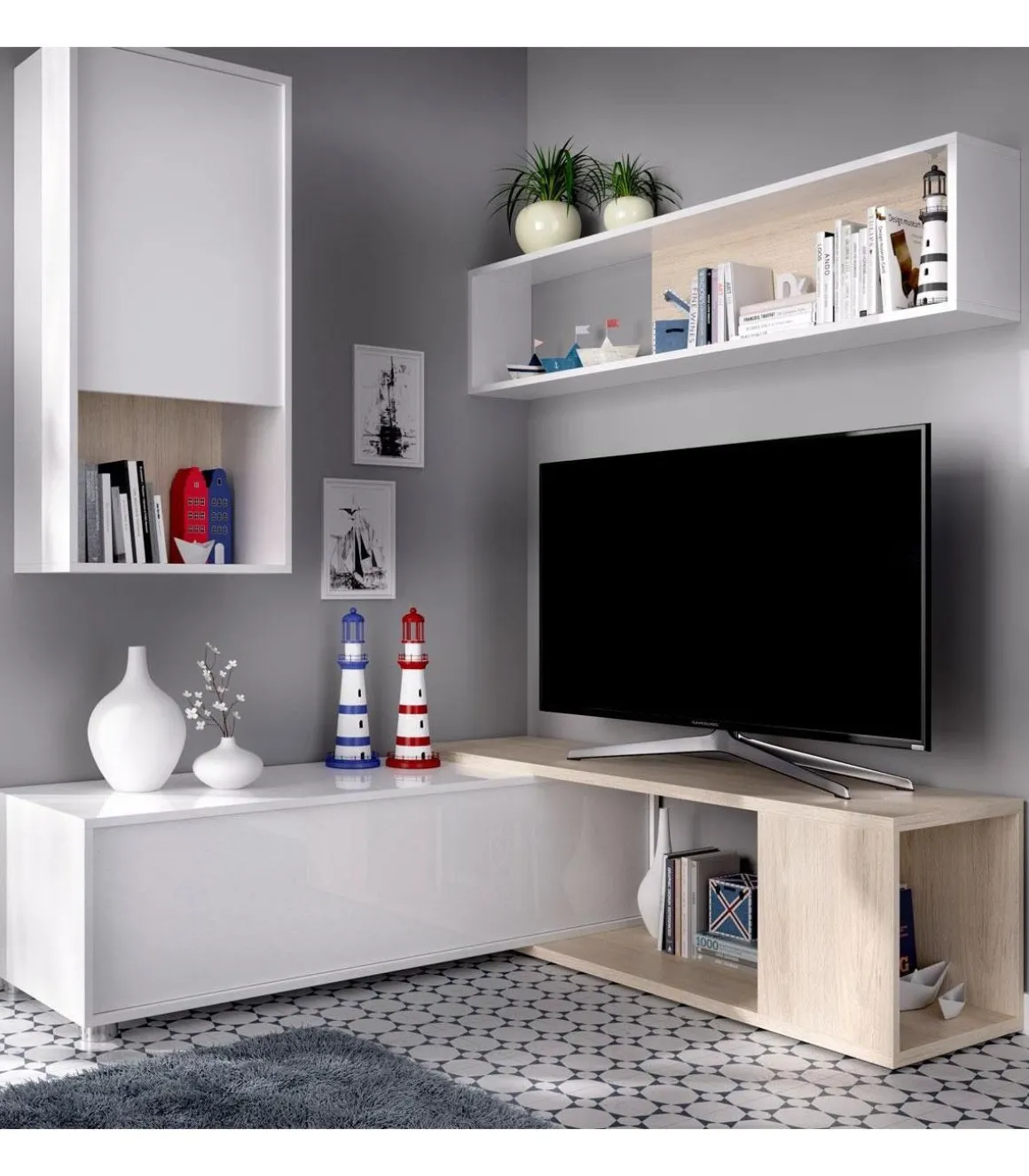 Mueble salón Escañuela flexible en blanco brillo/natural